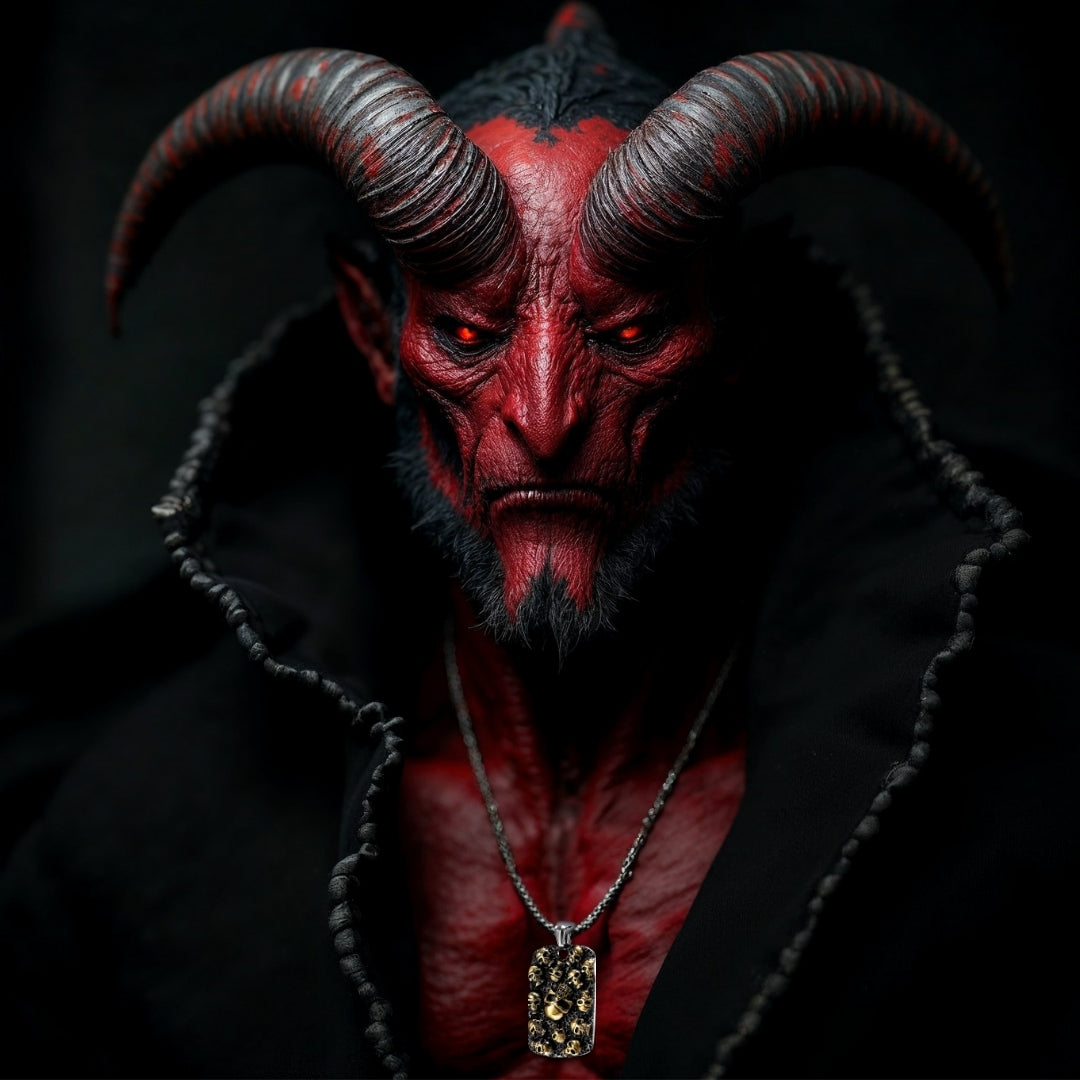 Collier-homme-pendentif-militaire-tag-crane-tête-de-mort-acier-or-démon-diable-cornes-barbe-rouge-noir