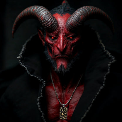 Collier-homme-pendentif-militaire-tag-crane-tête-de-mort-acier-or-démon-diable-cornes-barbe-rouge-noir