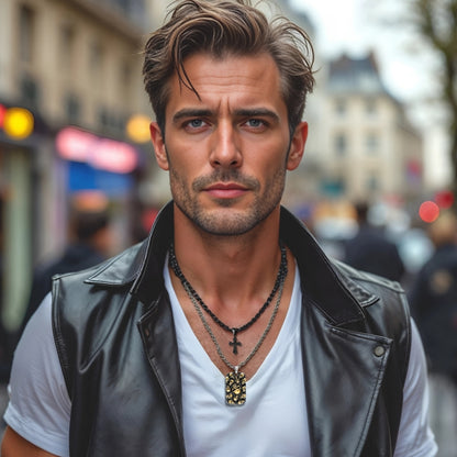 Collier-homme-pendentif-militaire-tag-crane-tête-de-mort-or-rue-Paris-élégant-cuir-croix-noir