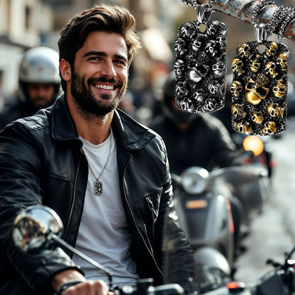 Collier-homme-pendentif-militaire-tag-crane-tête-de-mort-argent-acier-rue-Paris-élégant-cuir-moto-motocyclistes