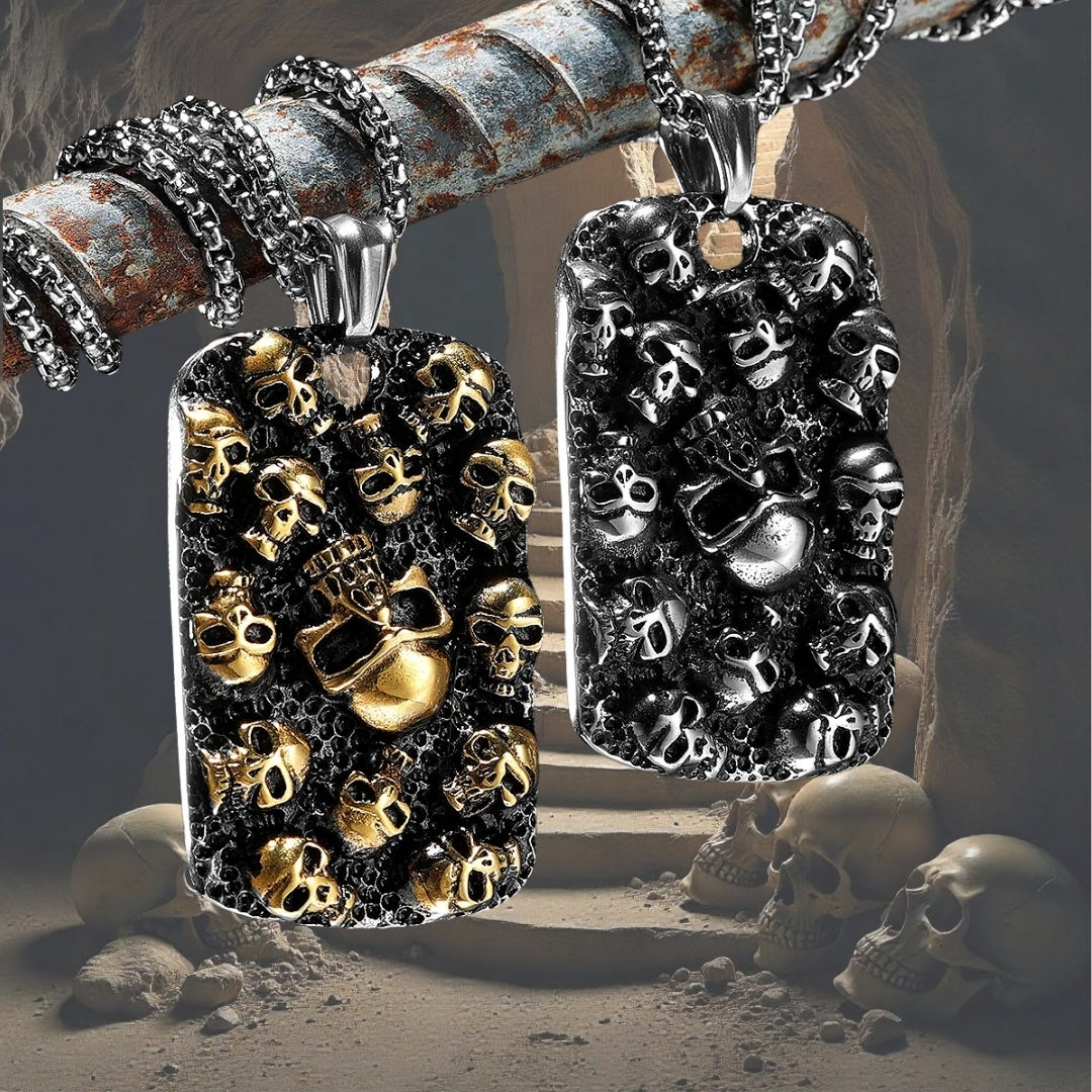 Collier-homme-pendentif-militaire-tag-crane-tête-de-mort-silver-argent-acier-or-duo-crypte-crânes-humains