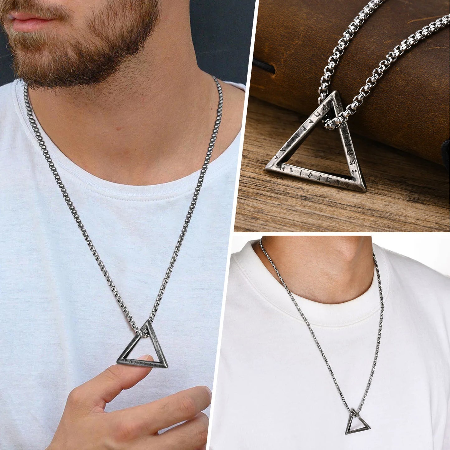 collier homme, pendentif "RUNIK TRIANGLE argent trois images 