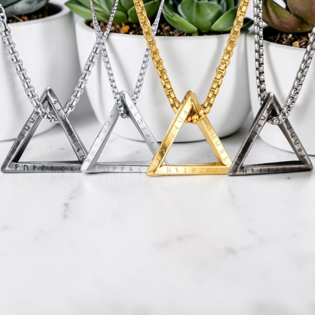 collier homme, pendentif "RUNIK TRIANGLE", quatre variantes pots plantes 