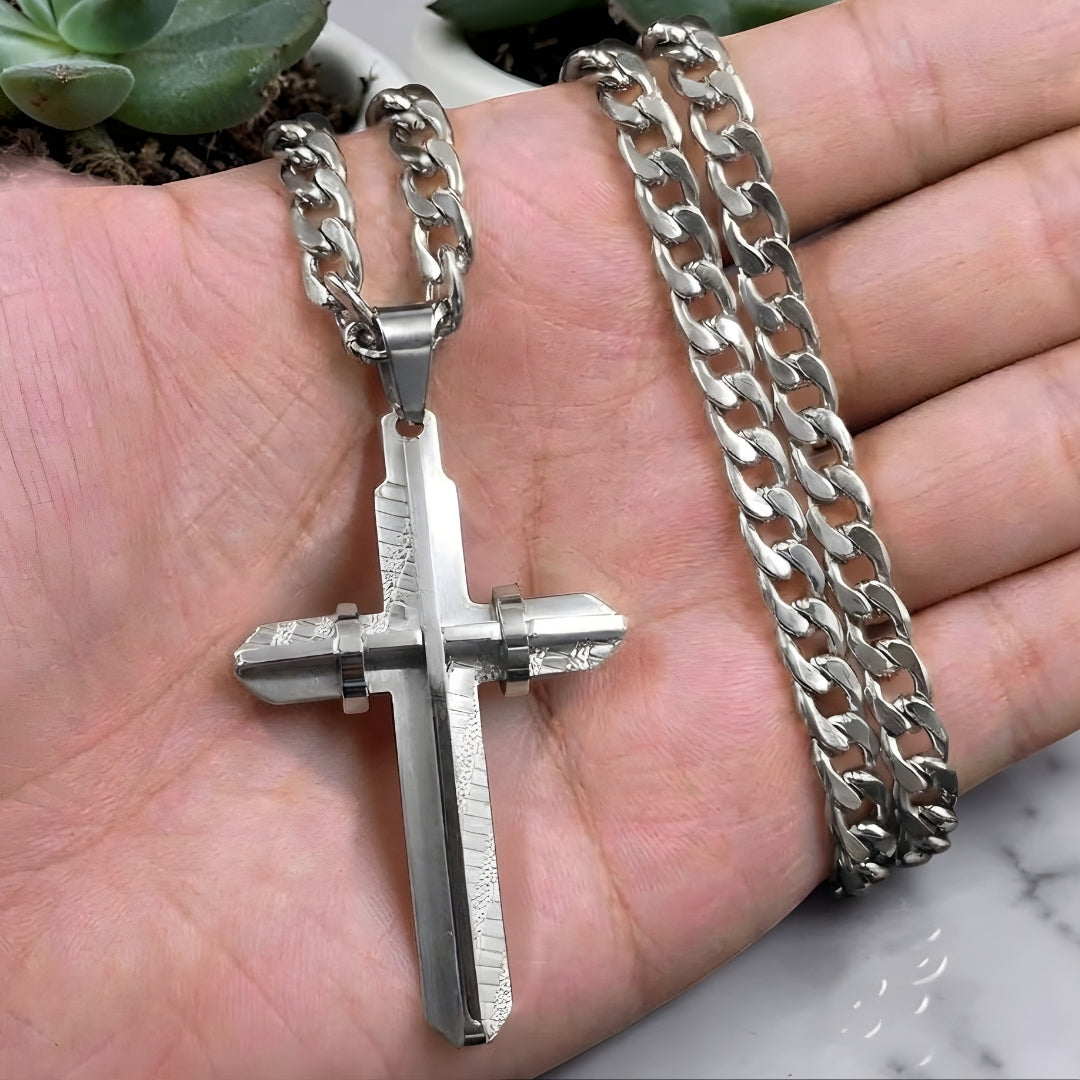 Collier homme, pendentif croix Armor Cross 3D argent main marbre
