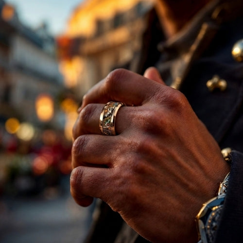  homme en veste steampunk dorée portant la bague, ville en arrière-plan